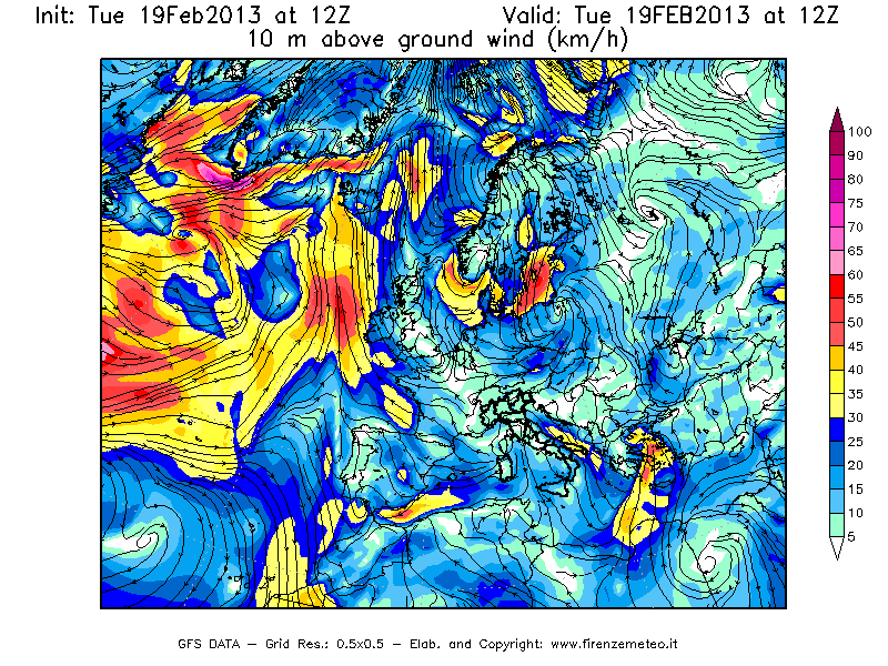 Mappa di analisi GFS - Velocità del vento a 10 metri dal suolo [km/h] in Europa
							del 19/02/2013 12 <!--googleoff: index-->UTC<!--googleon: index-->