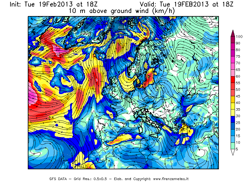 Mappa di analisi GFS - Velocità del vento a 10 metri dal suolo [km/h] in Europa
							del 19/02/2013 18 <!--googleoff: index-->UTC<!--googleon: index-->