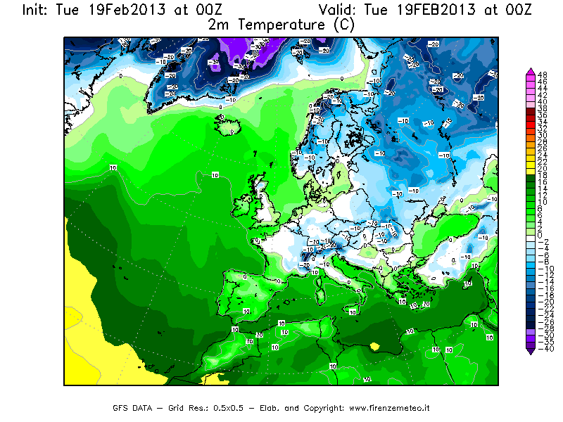 Mappa di analisi GFS - Temperatura a 2 metri dal suolo [°C] in Europa
							del 19/02/2013 00 <!--googleoff: index-->UTC<!--googleon: index-->