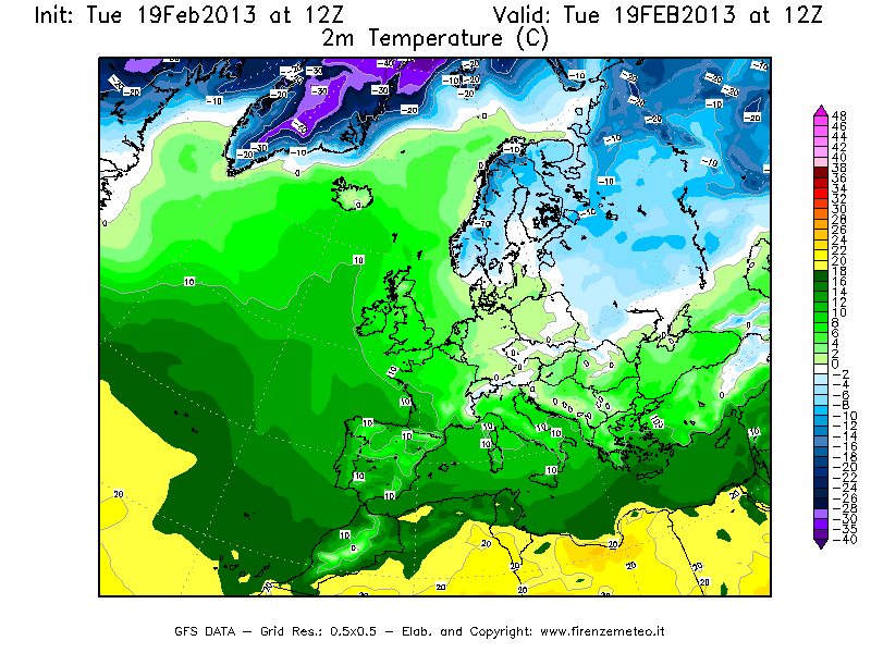 Mappa di analisi GFS - Temperatura a 2 metri dal suolo [°C] in Europa
							del 19/02/2013 12 <!--googleoff: index-->UTC<!--googleon: index-->