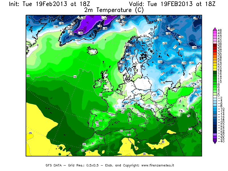 Mappa di analisi GFS - Temperatura a 2 metri dal suolo [°C] in Europa
							del 19/02/2013 18 <!--googleoff: index-->UTC<!--googleon: index-->