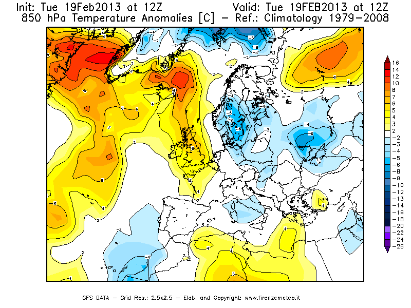 Mappa di analisi GFS - Anomalia Temperatura [°C] a 850 hPa in Europa
							del 19/02/2013 12 <!--googleoff: index-->UTC<!--googleon: index-->