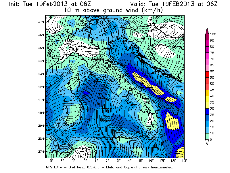 Mappa di analisi GFS - Velocità del vento a 10 metri dal suolo [km/h] in Italia
							del 19/02/2013 06 <!--googleoff: index-->UTC<!--googleon: index-->