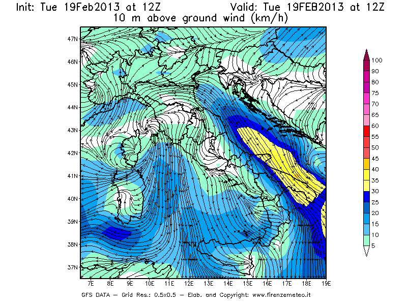 Mappa di analisi GFS - Velocità del vento a 10 metri dal suolo [km/h] in Italia
							del 19/02/2013 12 <!--googleoff: index-->UTC<!--googleon: index-->