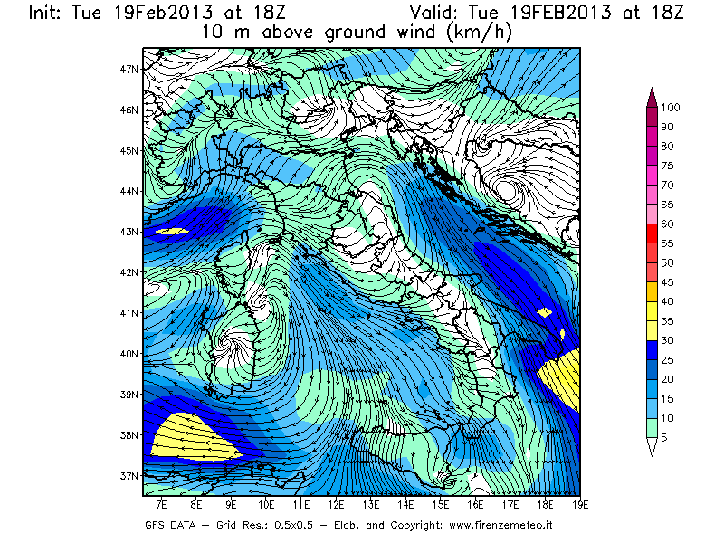Mappa di analisi GFS - Velocità del vento a 10 metri dal suolo [km/h] in Italia
							del 19/02/2013 18 <!--googleoff: index-->UTC<!--googleon: index-->