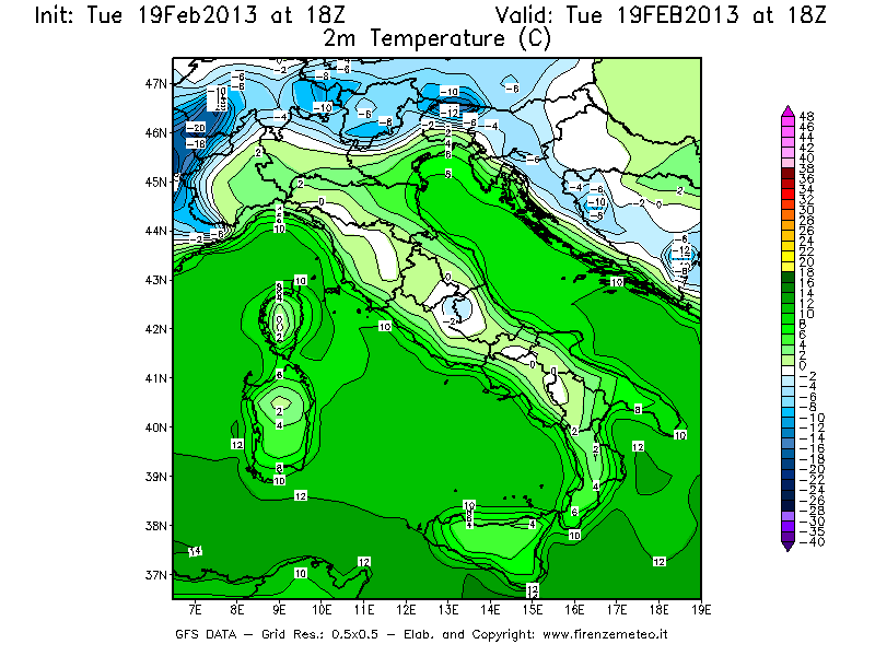 Mappa di analisi GFS - Temperatura a 2 metri dal suolo [°C] in Italia
							del 19/02/2013 18 <!--googleoff: index-->UTC<!--googleon: index-->