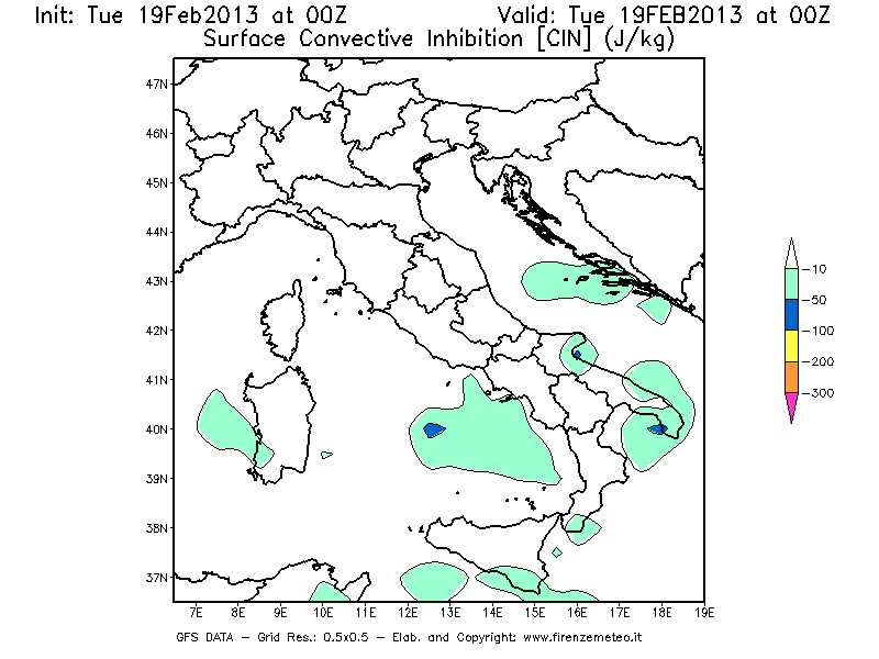 Mappa di analisi GFS - CIN [J/kg] in Italia
							del 19/02/2013 00 <!--googleoff: index-->UTC<!--googleon: index-->