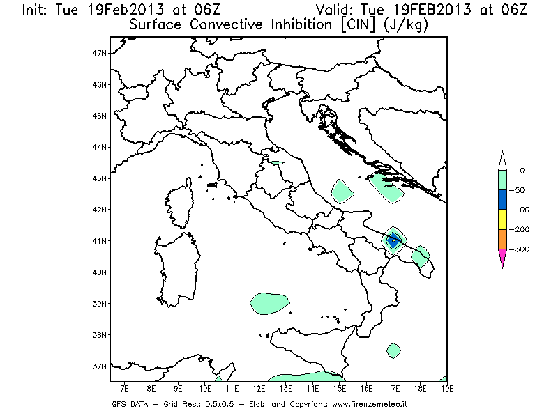 Mappa di analisi GFS - CIN [J/kg] in Italia
							del 19/02/2013 06 <!--googleoff: index-->UTC<!--googleon: index-->