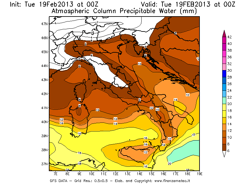 Mappa di analisi GFS - Precipitable Water [mm] in Italia
							del 19/02/2013 00 <!--googleoff: index-->UTC<!--googleon: index-->
