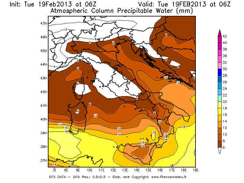 Mappa di analisi GFS - Precipitable Water [mm] in Italia
							del 19/02/2013 06 <!--googleoff: index-->UTC<!--googleon: index-->