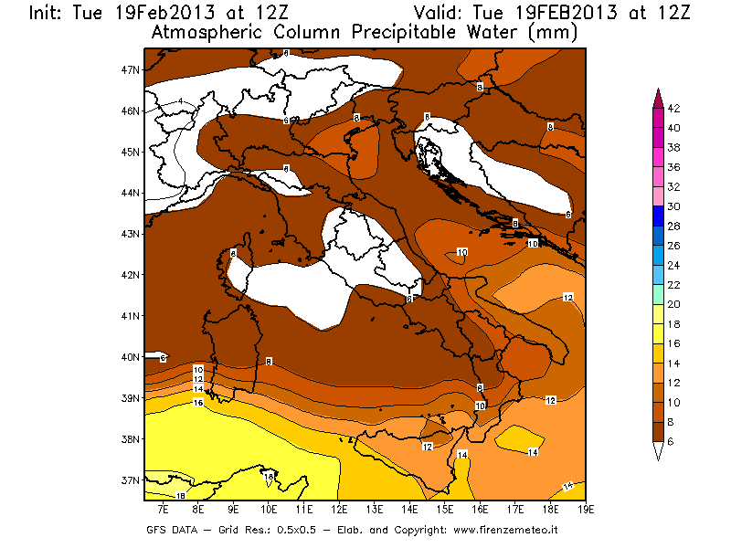 Mappa di analisi GFS - Precipitable Water [mm] in Italia
							del 19/02/2013 12 <!--googleoff: index-->UTC<!--googleon: index-->