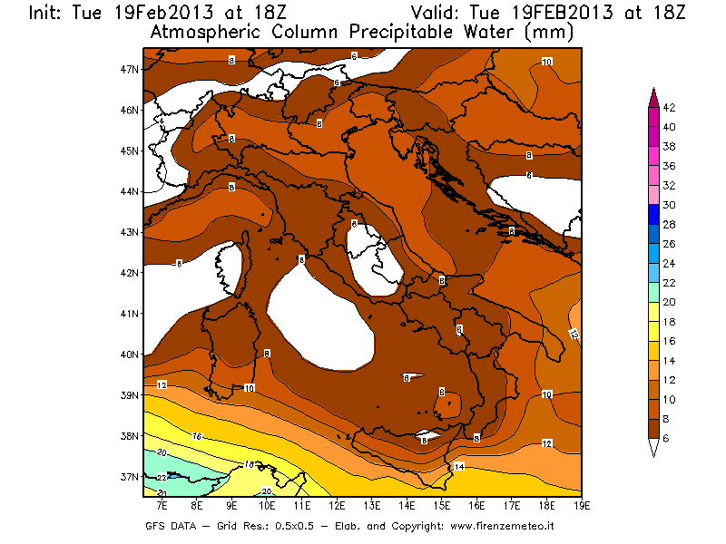 Mappa di analisi GFS - Precipitable Water [mm] in Italia
							del 19/02/2013 18 <!--googleoff: index-->UTC<!--googleon: index-->