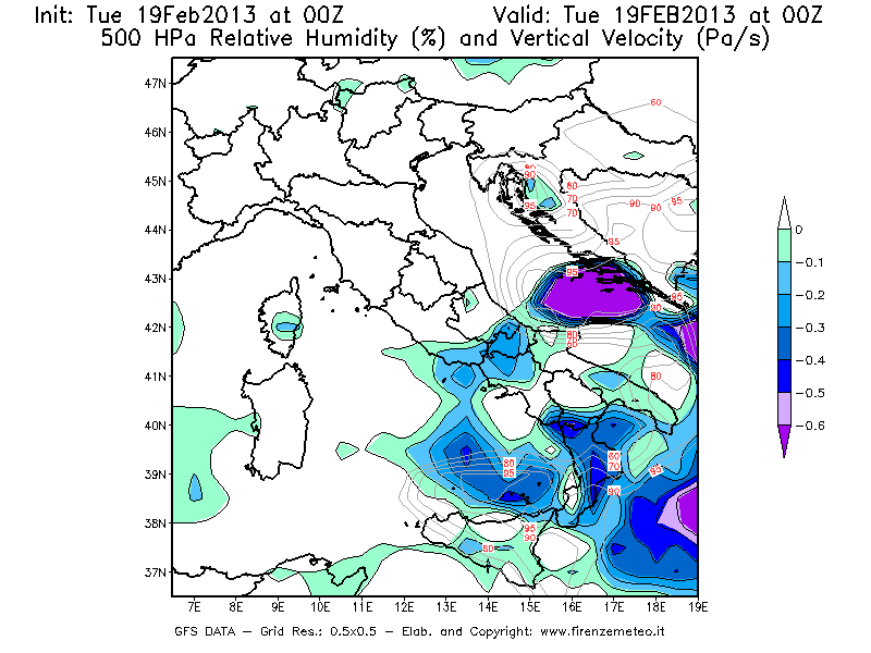 Mappa di analisi GFS - Umidità relativa [%] e Omega [Pa/s] a 500 hPa in Italia
							del 19/02/2013 00 <!--googleoff: index-->UTC<!--googleon: index-->