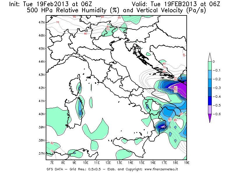 Mappa di analisi GFS - Umidità relativa [%] e Omega [Pa/s] a 500 hPa in Italia
							del 19/02/2013 06 <!--googleoff: index-->UTC<!--googleon: index-->