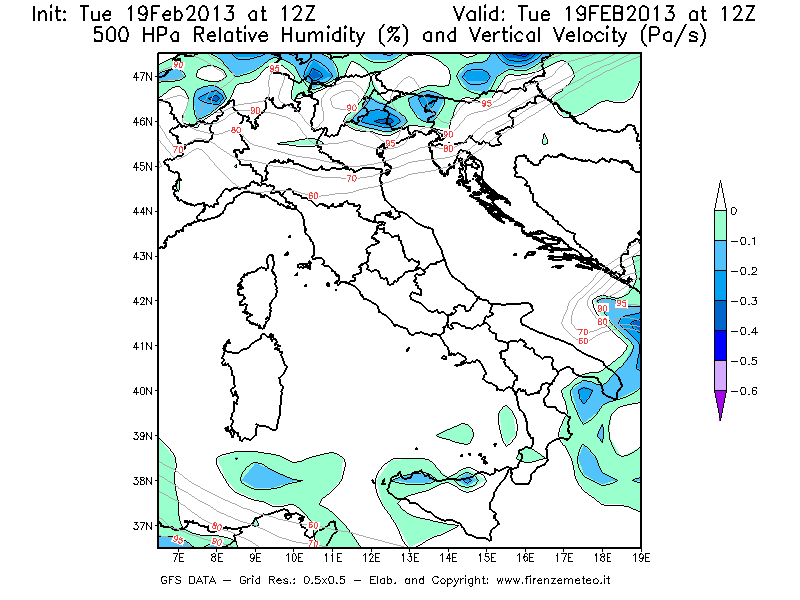 Mappa di analisi GFS - Umidità relativa [%] e Omega [Pa/s] a 500 hPa in Italia
							del 19/02/2013 12 <!--googleoff: index-->UTC<!--googleon: index-->
