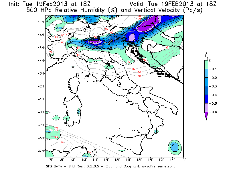 Mappa di analisi GFS - Umidità relativa [%] e Omega [Pa/s] a 500 hPa in Italia
							del 19/02/2013 18 <!--googleoff: index-->UTC<!--googleon: index-->