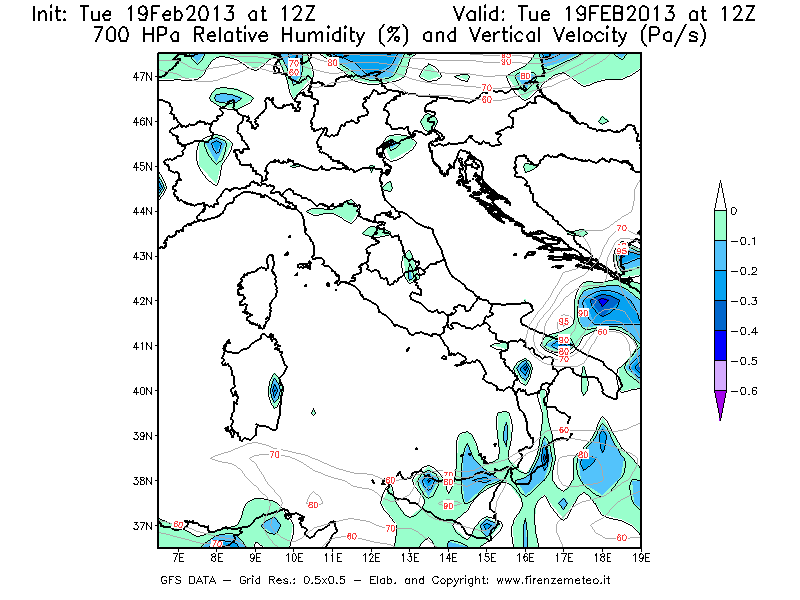 Mappa di analisi GFS - Umidità relativa [%] e Omega [Pa/s] a 700 hPa in Italia
							del 19/02/2013 12 <!--googleoff: index-->UTC<!--googleon: index-->