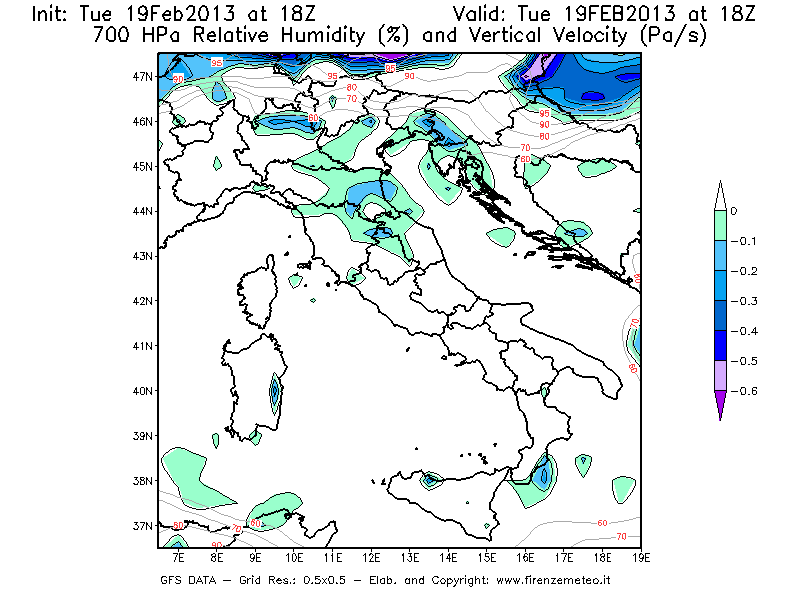 Mappa di analisi GFS - Umidità relativa [%] e Omega [Pa/s] a 700 hPa in Italia
							del 19/02/2013 18 <!--googleoff: index-->UTC<!--googleon: index-->