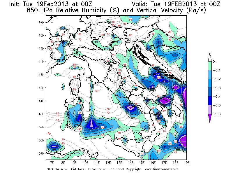 Mappa di analisi GFS - Umidità relativa [%] e Omega [Pa/s] a 850 hPa in Italia
							del 19/02/2013 00 <!--googleoff: index-->UTC<!--googleon: index-->