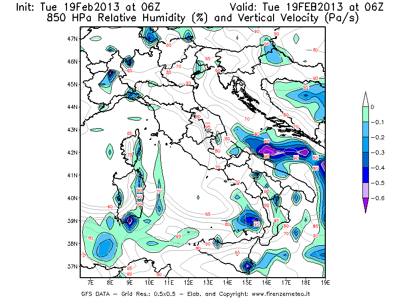Mappa di analisi GFS - Umidità relativa [%] e Omega [Pa/s] a 850 hPa in Italia
							del 19/02/2013 06 <!--googleoff: index-->UTC<!--googleon: index-->