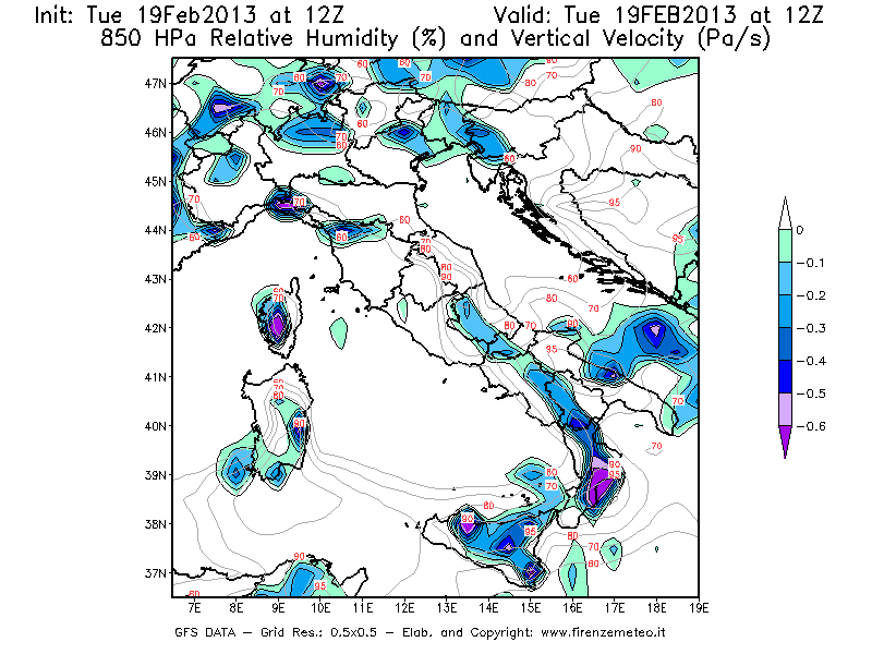 Mappa di analisi GFS - Umidità relativa [%] e Omega [Pa/s] a 850 hPa in Italia
							del 19/02/2013 12 <!--googleoff: index-->UTC<!--googleon: index-->