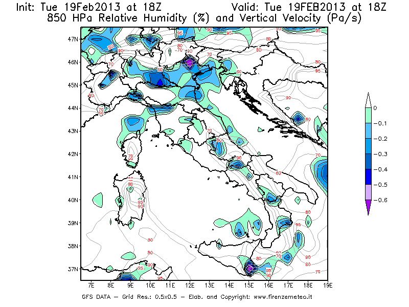 Mappa di analisi GFS - Umidità relativa [%] e Omega [Pa/s] a 850 hPa in Italia
							del 19/02/2013 18 <!--googleoff: index-->UTC<!--googleon: index-->