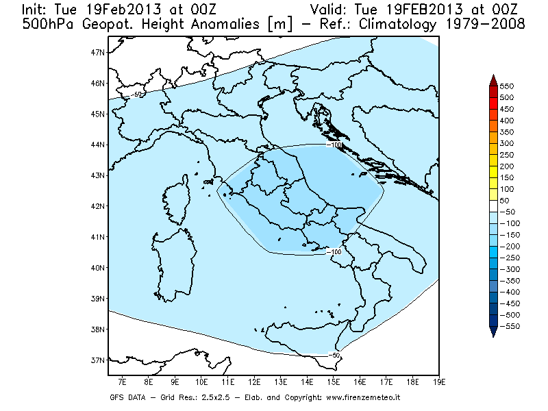 Mappa di analisi GFS - Anomalia di Geopotenziale a 500 hPa in Italia
							del 19/02/2013 00 <!--googleoff: index-->UTC<!--googleon: index-->