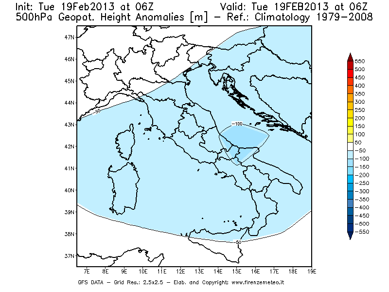 Mappa di analisi GFS - Anomalia di Geopotenziale a 500 hPa in Italia
							del 19/02/2013 06 <!--googleoff: index-->UTC<!--googleon: index-->