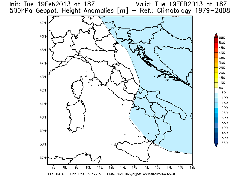 Mappa di analisi GFS - Anomalia di Geopotenziale a 500 hPa in Italia
							del 19/02/2013 18 <!--googleoff: index-->UTC<!--googleon: index-->
