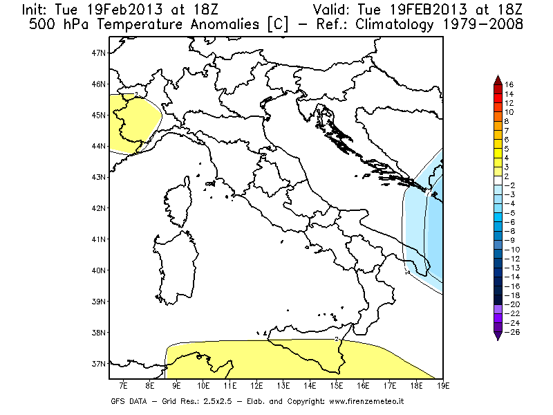 Mappa di analisi GFS - Anomalia Temperatura [°C] a 500 hPa in Italia
							del 19/02/2013 18 <!--googleoff: index-->UTC<!--googleon: index-->