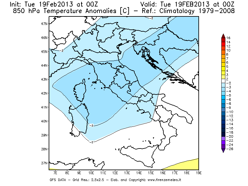 Mappa di analisi GFS - Anomalia Temperatura [°C] a 850 hPa in Italia
							del 19/02/2013 00 <!--googleoff: index-->UTC<!--googleon: index-->