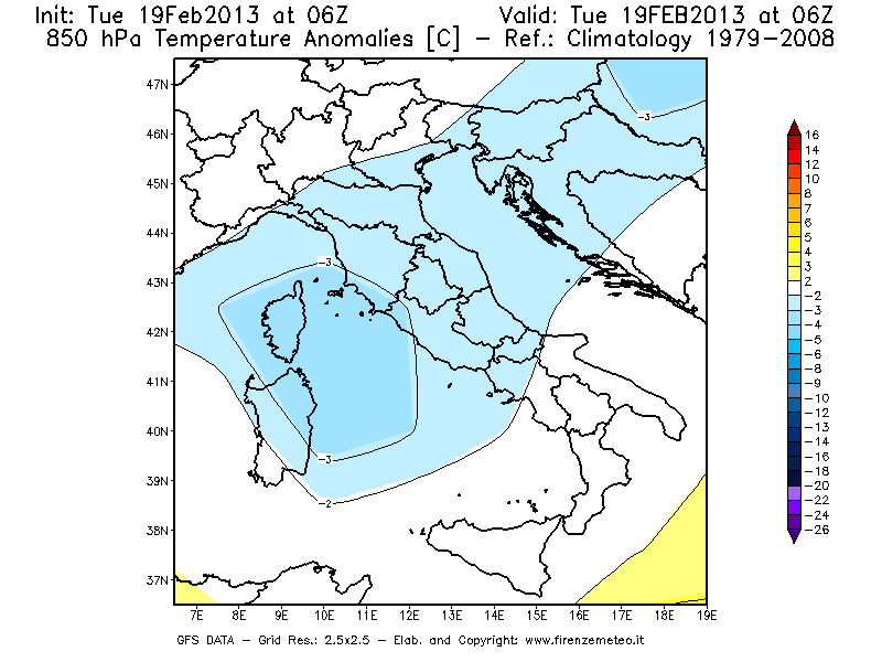 Mappa di analisi GFS - Anomalia Temperatura [°C] a 850 hPa in Italia
							del 19/02/2013 06 <!--googleoff: index-->UTC<!--googleon: index-->