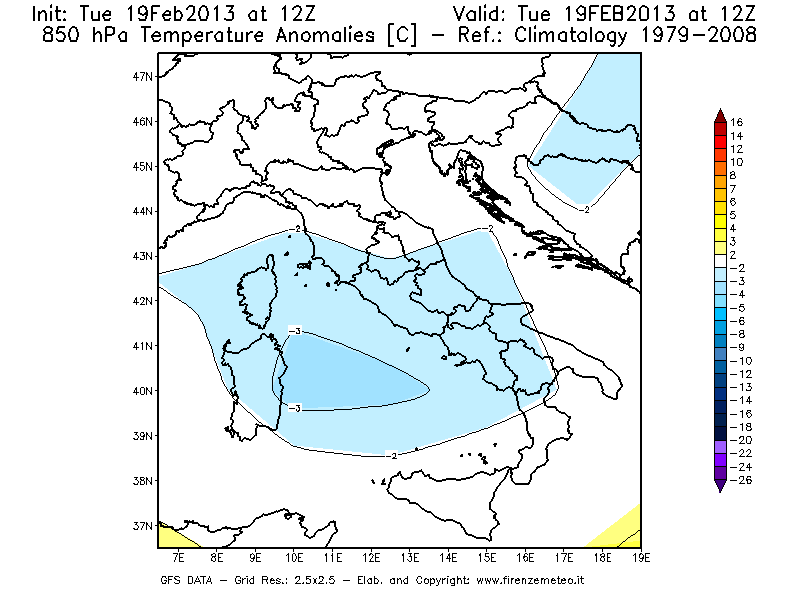 Mappa di analisi GFS - Anomalia Temperatura [°C] a 850 hPa in Italia
							del 19/02/2013 12 <!--googleoff: index-->UTC<!--googleon: index-->