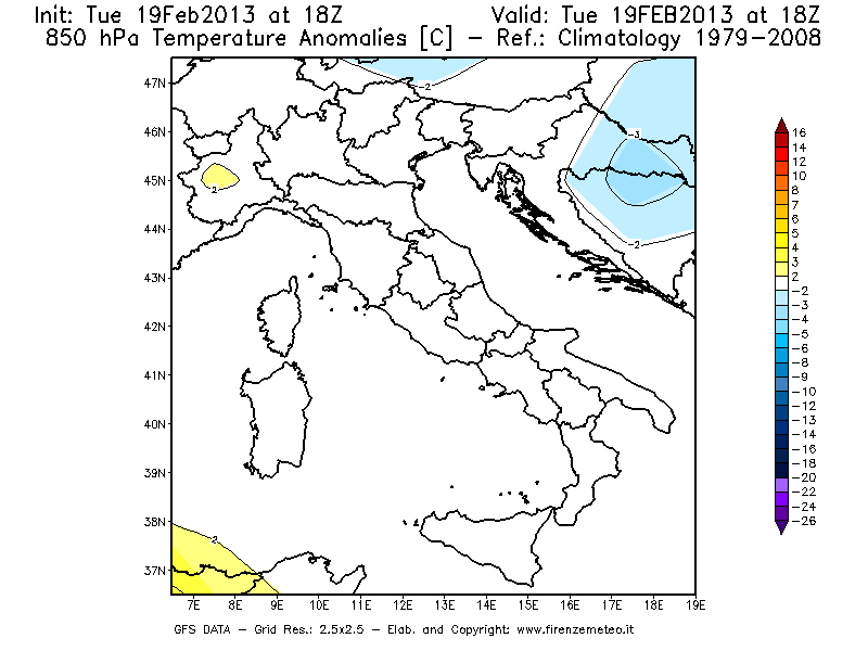 Mappa di analisi GFS - Anomalia Temperatura [°C] a 850 hPa in Italia
							del 19/02/2013 18 <!--googleoff: index-->UTC<!--googleon: index-->