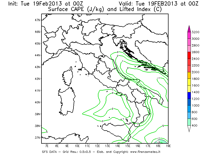 Mappa di analisi GFS - CAPE [J/kg] e Lifted Index [°C] in Italia
							del 19/02/2013 00 <!--googleoff: index-->UTC<!--googleon: index-->