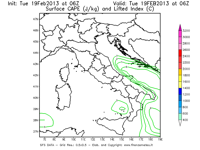 Mappa di analisi GFS - CAPE [J/kg] e Lifted Index [°C] in Italia
							del 19/02/2013 06 <!--googleoff: index-->UTC<!--googleon: index-->