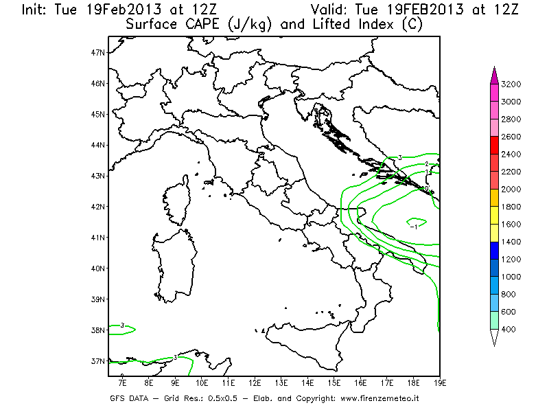 Mappa di analisi GFS - CAPE [J/kg] e Lifted Index [°C] in Italia
							del 19/02/2013 12 <!--googleoff: index-->UTC<!--googleon: index-->