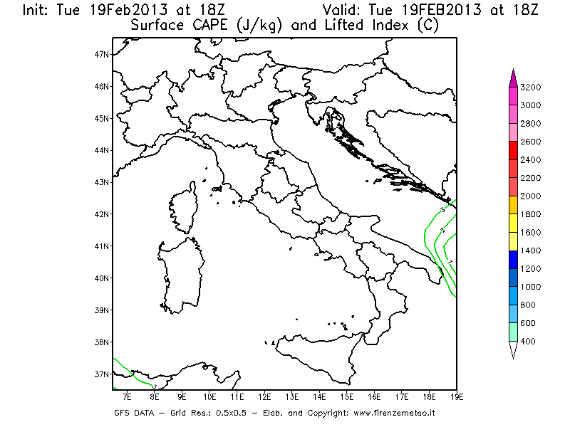 Mappa di analisi GFS - CAPE [J/kg] e Lifted Index [°C] in Italia
							del 19/02/2013 18 <!--googleoff: index-->UTC<!--googleon: index-->