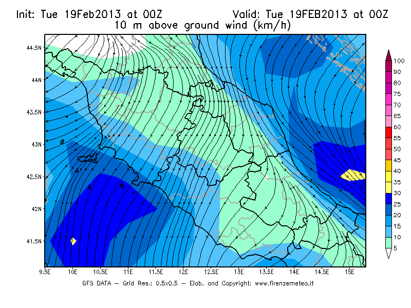 Mappa di analisi GFS - Velocità del vento a 10 metri dal suolo [km/h] in Centro-Italia
							del 19/02/2013 00 <!--googleoff: index-->UTC<!--googleon: index-->