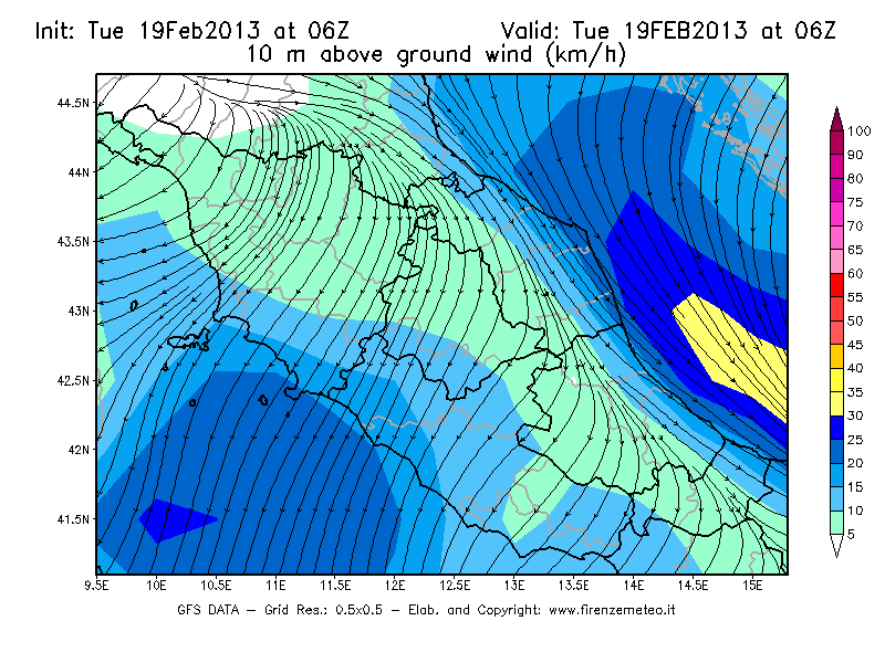 Mappa di analisi GFS - Velocità del vento a 10 metri dal suolo [km/h] in Centro-Italia
							del 19/02/2013 06 <!--googleoff: index-->UTC<!--googleon: index-->