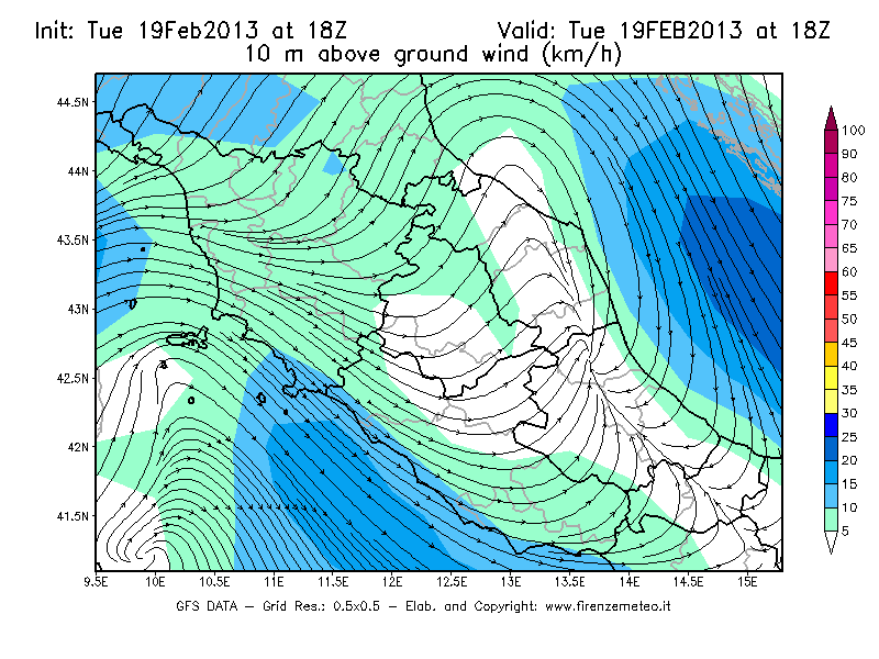Mappa di analisi GFS - Velocità del vento a 10 metri dal suolo [km/h] in Centro-Italia
							del 19/02/2013 18 <!--googleoff: index-->UTC<!--googleon: index-->