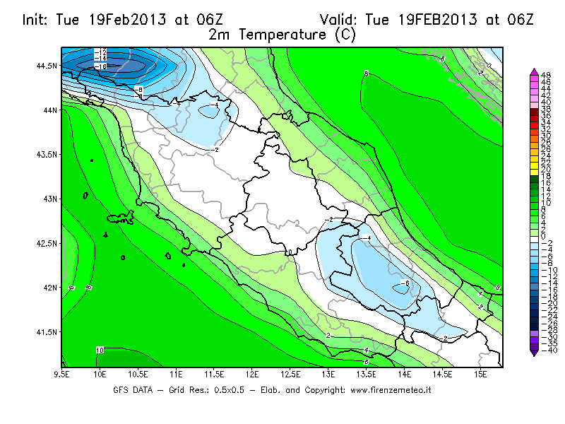 Mappa di analisi GFS - Temperatura a 2 metri dal suolo [°C] in Centro-Italia
							del 19/02/2013 06 <!--googleoff: index-->UTC<!--googleon: index-->