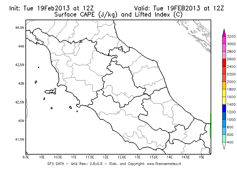 Mappa di analisi GFS - CAPE [J/kg] e Lifted Index [°C] in Centro-Italia
							del 19/02/2013 12 <!--googleoff: index-->UTC<!--googleon: index-->