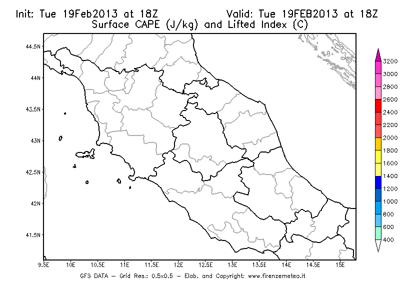 Mappa di analisi GFS - CAPE [J/kg] e Lifted Index [°C] in Centro-Italia
							del 19/02/2013 18 <!--googleoff: index-->UTC<!--googleon: index-->