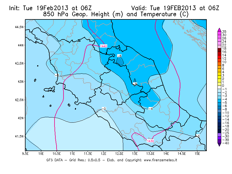 Mappa di analisi GFS - Geopotenziale [m] e Temperatura [°C] a 850 hPa in Centro-Italia
							del 19/02/2013 06 <!--googleoff: index-->UTC<!--googleon: index-->