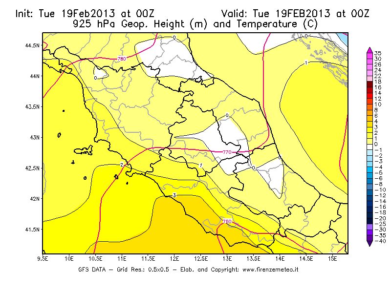 Mappa di analisi GFS - Geopotenziale [m] e Temperatura [°C] a 925 hPa in Centro-Italia
							del 19/02/2013 00 <!--googleoff: index-->UTC<!--googleon: index-->