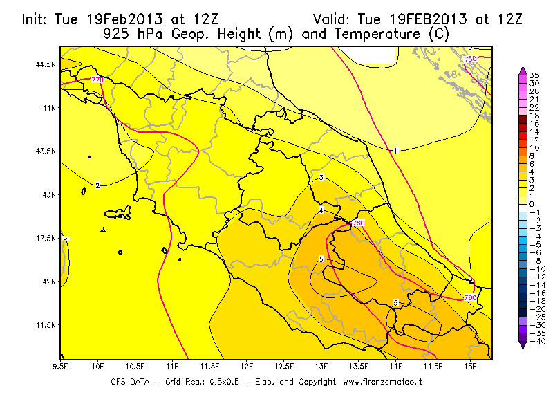 Mappa di analisi GFS - Geopotenziale [m] e Temperatura [°C] a 925 hPa in Centro-Italia
							del 19/02/2013 12 <!--googleoff: index-->UTC<!--googleon: index-->