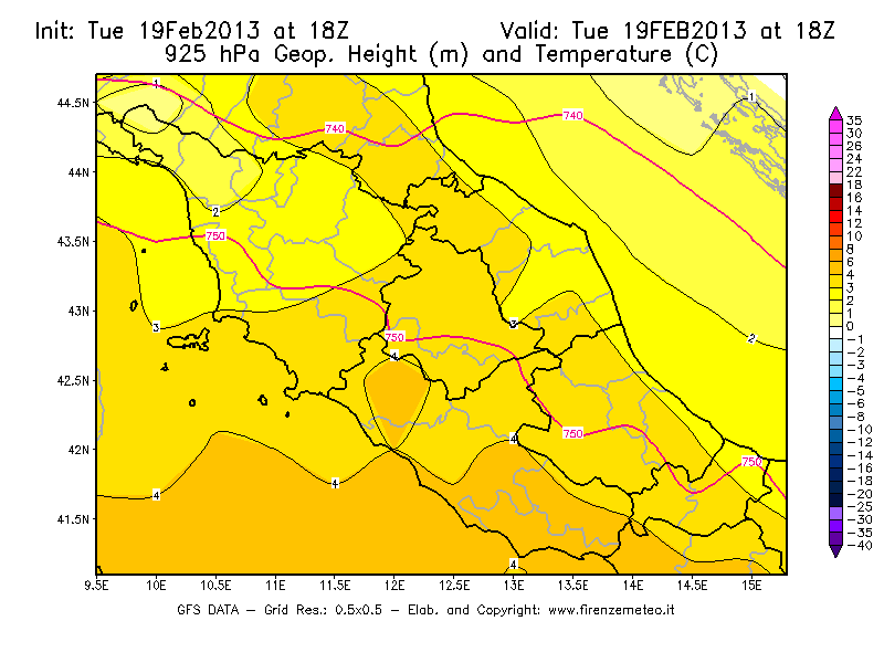 Mappa di analisi GFS - Geopotenziale [m] e Temperatura [°C] a 925 hPa in Centro-Italia
							del 19/02/2013 18 <!--googleoff: index-->UTC<!--googleon: index-->