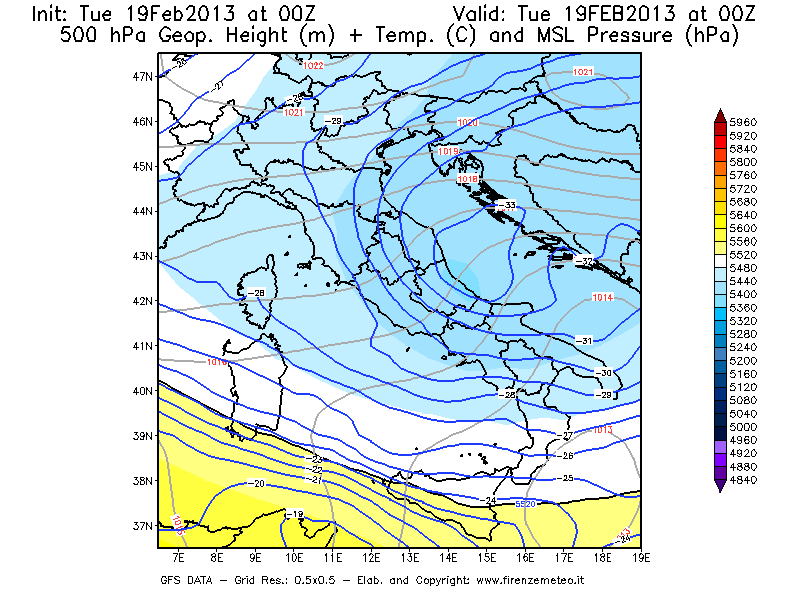Mappa di analisi GFS - Geopotenziale [m] + Temp. [°C] a 500 hPa + Press. a livello del mare [hPa] in Italia
							del 19/02/2013 00 <!--googleoff: index-->UTC<!--googleon: index-->