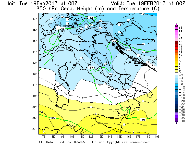 Mappa di analisi GFS - Geopotenziale [m] e Temperatura [°C] a 850 hPa in Italia
							del 19/02/2013 00 <!--googleoff: index-->UTC<!--googleon: index-->